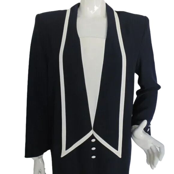 Vintage Dress, 9/10, Statement Collar, Navy/White trim, Long sleeve JOHN ROBERTS - Picture 4 of 12